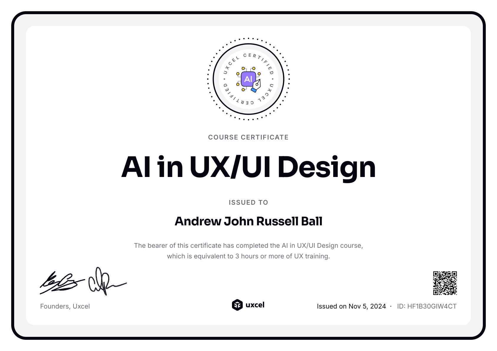 Andrew John Russell Ball's certificate